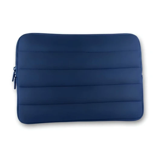 A navy blue neoprene laptop sleeve with a padded design and a zip closure.