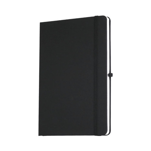 A black A5 journal book with a hardcover and an elastic band closure. It features a logo on the cover.