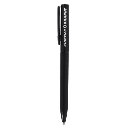 A black metal ballpoint pen with a clip and a branding logo on the barrel.