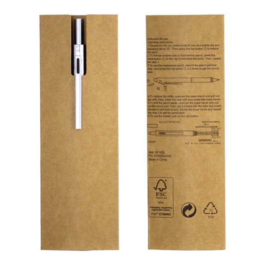 A stainless steel pen in a brown packaging, featuring a sleek design and a logo on the cardboard.