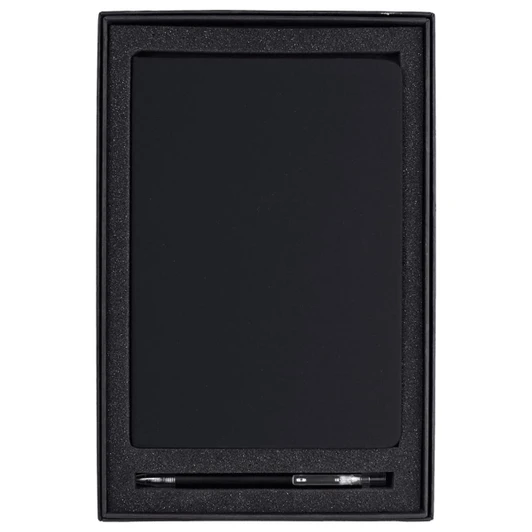 A black recycled journal and pen set in a sleek black gift box, featuring an interior foam lining and a logo.