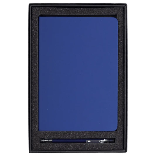 A blue recycled journal and pen gift set presented in a black box with foam cushioning. It features a logo.