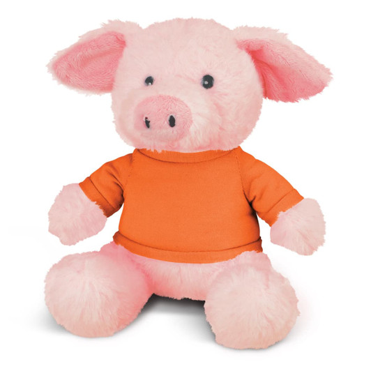 A pink pig plush toy wearing an orange shirt, featuring black button eyes and soft, fluffy ears.