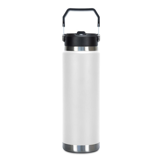 A drink bottle in white with a black lid and handle, featuring a stainless steel base and branding on the body.