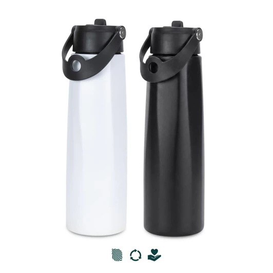 A drink bottle featuring a white and a black finish, each with a secure lid and carrying handle.