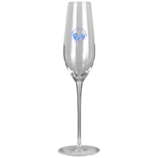 A clear glass champagne flute featuring a printed logo. Tall and slender design with a curved bowl.