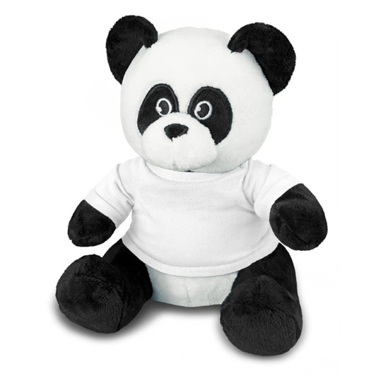 A plush panda toy with black and white fur, wearing a white shirt and featuring a logo on its chest.