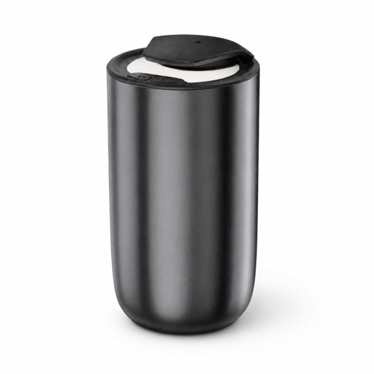 A sleek black diffuser with a lid, featuring a simple design and a logo on the side.