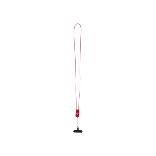 A red lanyard made from recycled plastic, featuring a built-in 27W 5-in-1 cable and a logo on the attachment.
