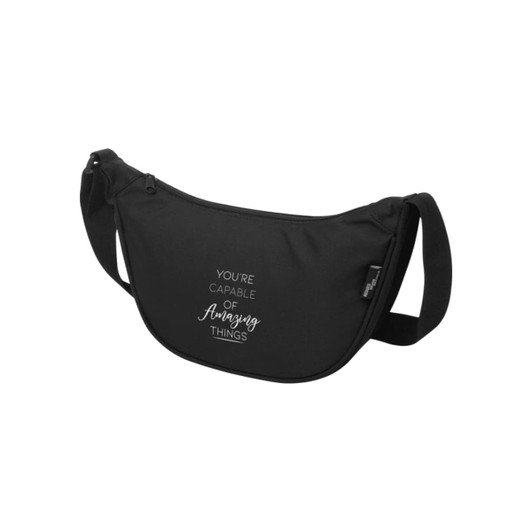A black waist bag with a curved design, featuring a strap and a branding logo.