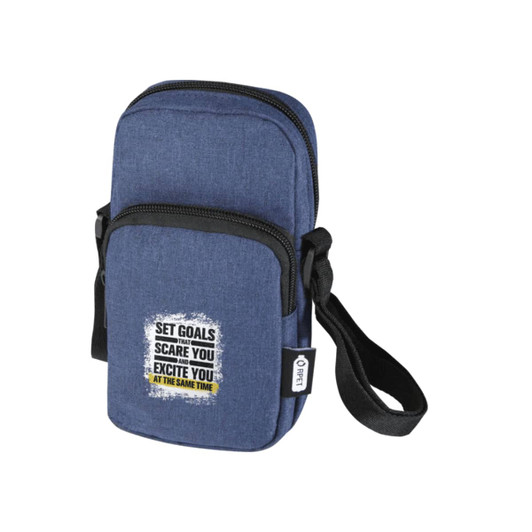 A blue recycled phone pouch with a zippered compartment and an adjustable strap, featuring a logo.