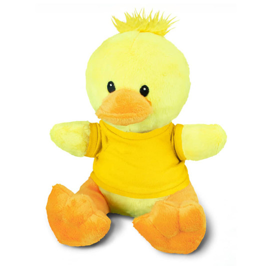 A fluffy yellow duck plush toy wearing a yellow shirt with orange feet and a tuft of hair on its head.