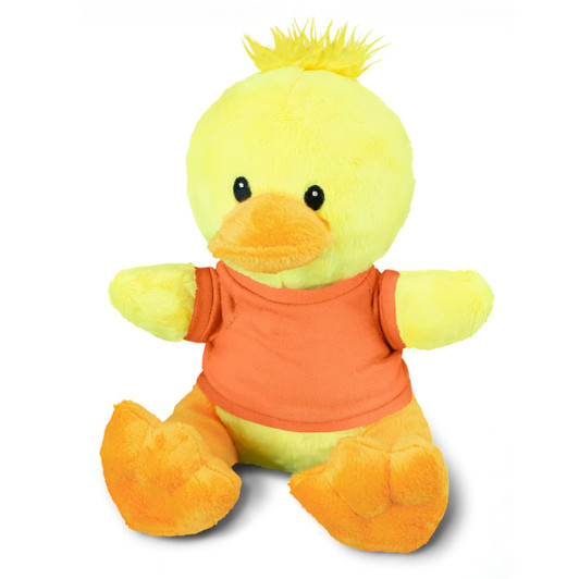 A yellow duck plush toy with an orange shirt and a tuft of feathers on its head. It has black eyes and an orange beak.