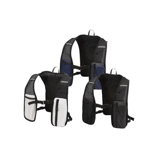 A hydration pack featuring a mesh design, available in black, navy, and white colours, with multiple pockets and straps.
