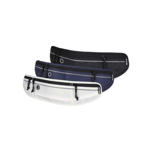 A set of three waist packs in black, navy, and white, featuring zippers and adjustable straps. Each pack has a logo.