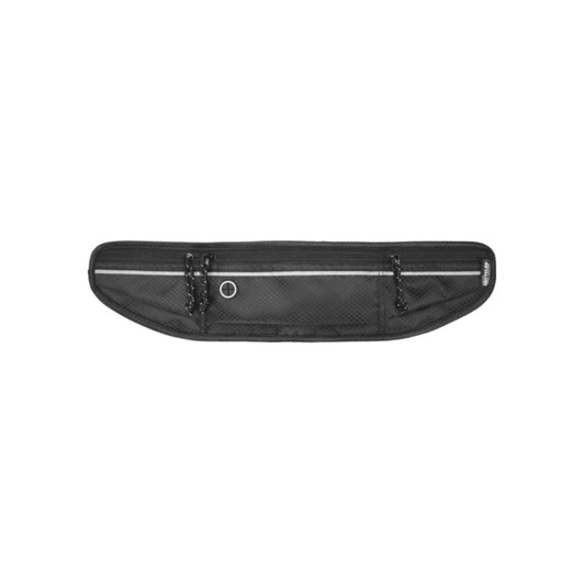 A black recycled running waist pack with multiple compartments and a logo, featuring a sleek, lightweight design.