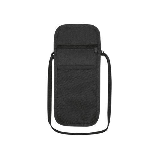 A black recycled travel pouch with a zippered pocket and a shoulder strap, featuring a textured fabric.