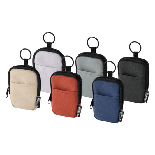A set of small pouches in various colours, featuring a zipper and keyring attachment, with branding on each.
