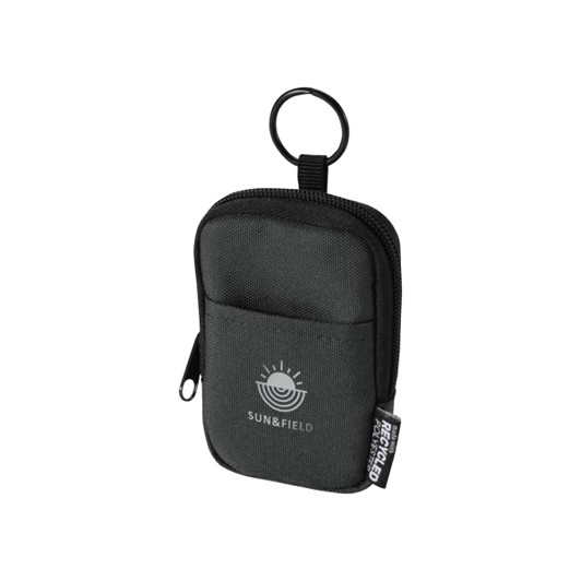 A small black pouch with a zipper and a keyring, featuring a logo and made from recycled materials.