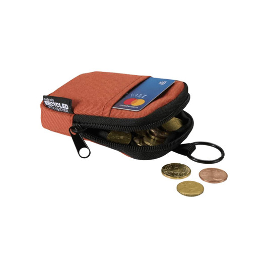 An orange recycled pouch with coins and a card inside, featuring a zip closure and a keyring attachment.