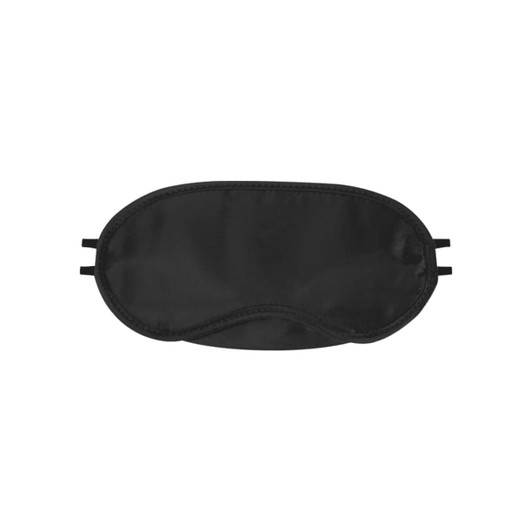 A black eye mask with elastic straps for comfort, featuring a simple, smooth design and a branding logo.