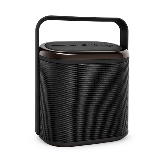 A compact black Bluetooth speaker with a handle and control buttons on the top, featuring a textured exterior.