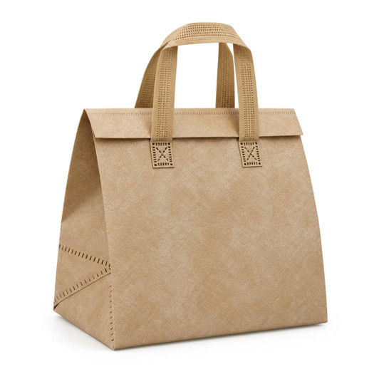 A tan cooler bag with two sturdy handles and decorative stitching, featuring a logo on the front.