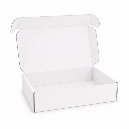 A white custom box with a locking lid, dimensions 300 x 210 x 70mm, featuring an open top and no internal graphics.