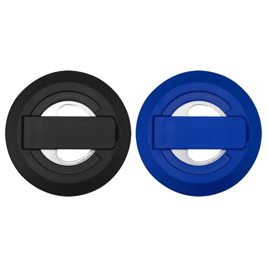 A black and blue recycled plastic magnetic phone stand featuring a built-in bottle opener with a branding logo.