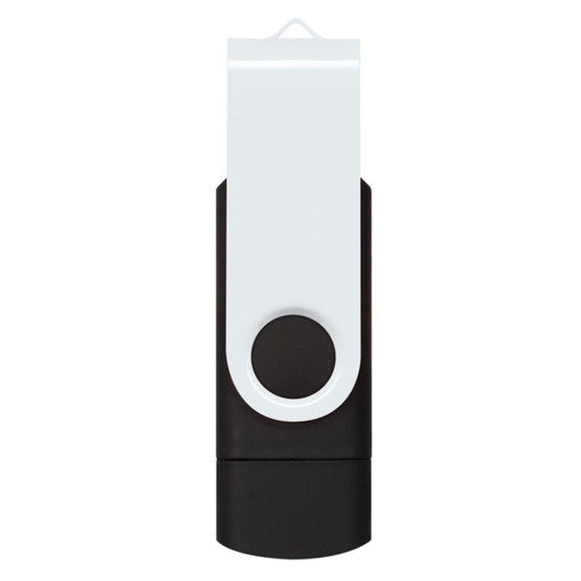A dual flash drive in black and white, featuring a swivel mechanism and a branding logo.
