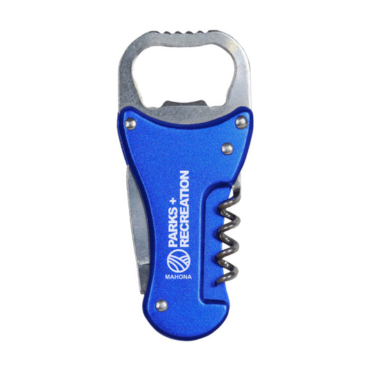 A drink bottle multi-tool opener in blue, featuring a bottle opener, corkscrew, and knife. Includes a logo.