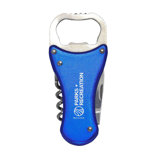 A drink bottle opener in blue with a corkscrew and a silver bottle opener. Features a logo on one side.