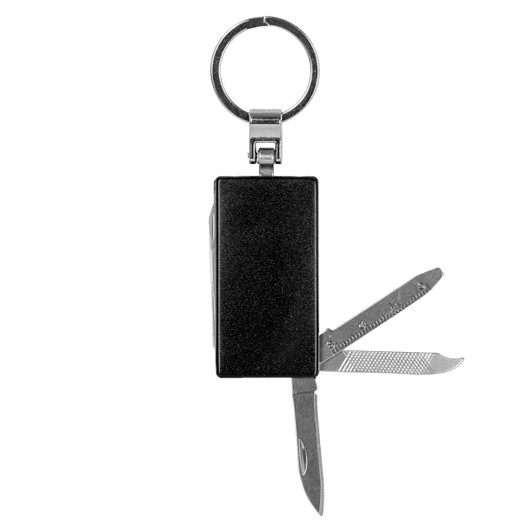 A black multi-tool keyring featuring two metal blades and a keyring attachment.