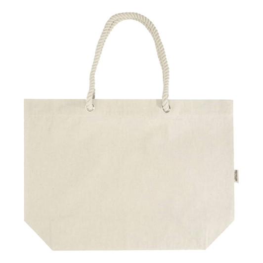 A large, light-coloured tote bag with rope handles and a branded tag.