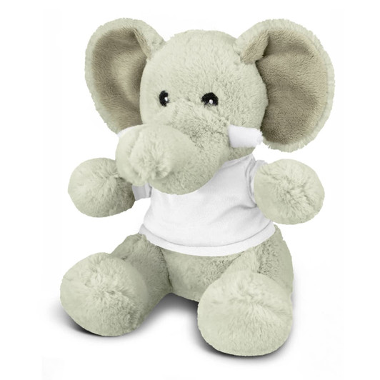 A soft, grey elephant plush toy with large ears, wearing a blank white t-shirt. It has a friendly expression.
