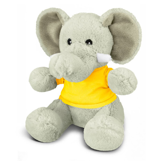 A grey elephant plush toy wearing a yellow shirt, with large ears and a friendly expression.