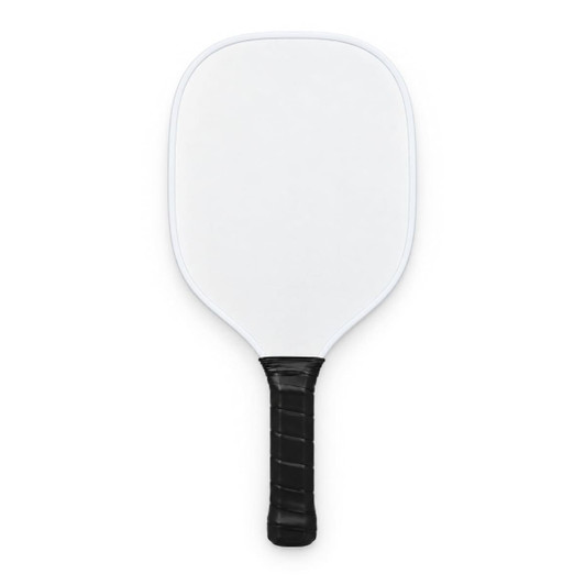 A pickleball paddle with a white face and a black handle, featuring a simple design.