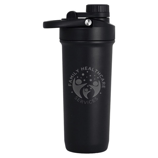 A drink bottle in matte black with a secure screw-on lid and a logo on the side.