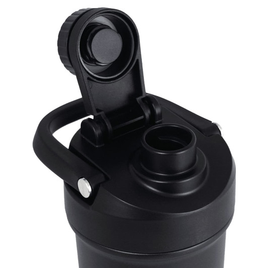 A drink bottle in matte black with a secure lid and carrying handle, featuring a logo on the side.