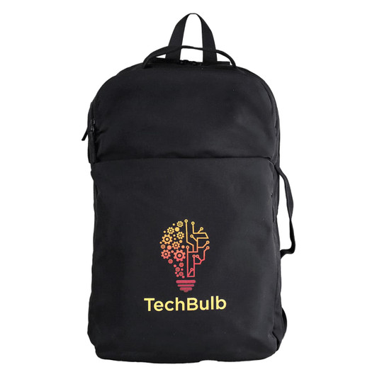 A black backpack featuring a logo with a light bulb design and multicoloured elements.