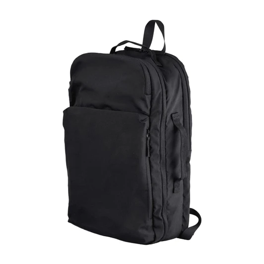 A black backpack with multiple compartments and a logo, featuring a sleek, minimalist design.