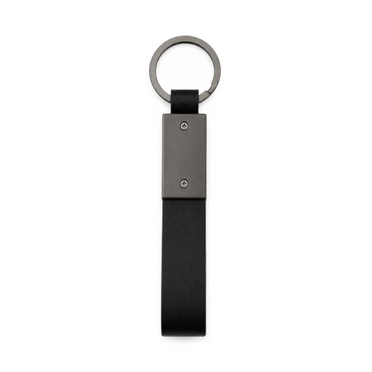A black keytag with a metal ring and a rectangular metal plate attached. Simple and stylish design.
