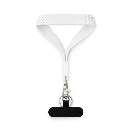 A white wrist strap featuring tactile bumps and a black keytag attachment with a metal clasp.