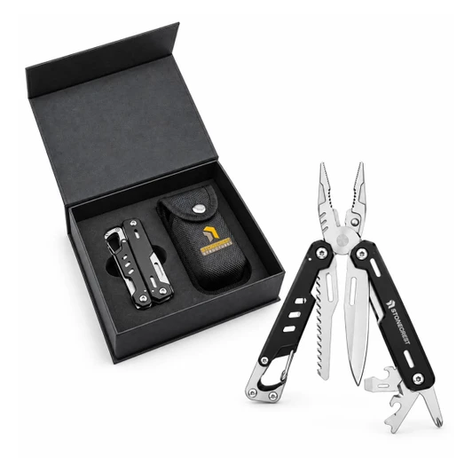 A multi-tool with black handles and multiple stainless steel tools, displayed with a black box and pouch.