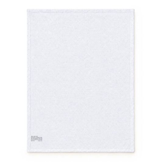 A large white cotton tea towel with a logo on one corner. The fabric appears soft and absorbent.