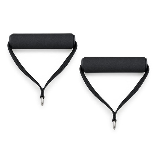 A pair of black resistance training handles with padded grips and adjustable straps for fitness use.