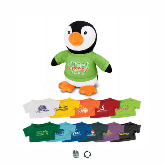 A penguin plush toy with an orange beak and feet, wearing a green shirt. It is accompanied by various coloured miniature shirts.
