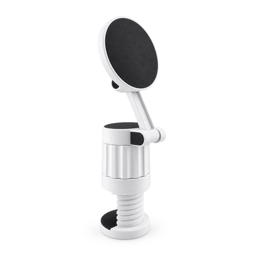A white phone holder with a magnetic disc and adjustable arm for easy positioning and secure attachment.
