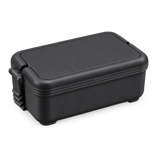 A black lunchbox with a secure lid and a compact design, featuring a logo on the side.