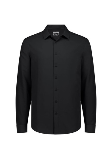 A black long sleeve shirt with a collar and button-up front, featuring a logo on the label.